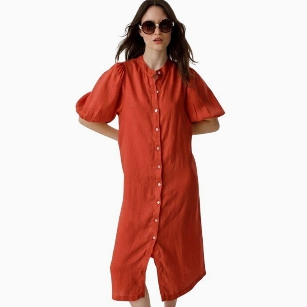 Lanhtropy Bubble 100% Linen Dress Womens S Puff Sleeve Midi Coastal Boho Neutral